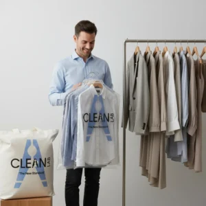 Male client happy after collecting clean laundry from CleanLab