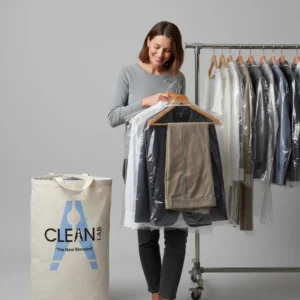 Client happy after collecting clean laundry from CleanLab